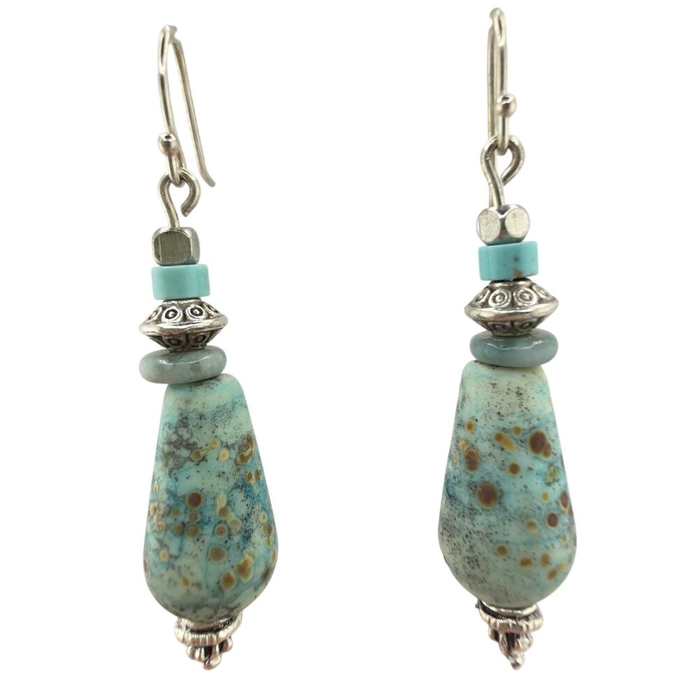 New Handcrafted Artisan Sandblasted Lampwork Agate and Turquoise Dangle Earrings